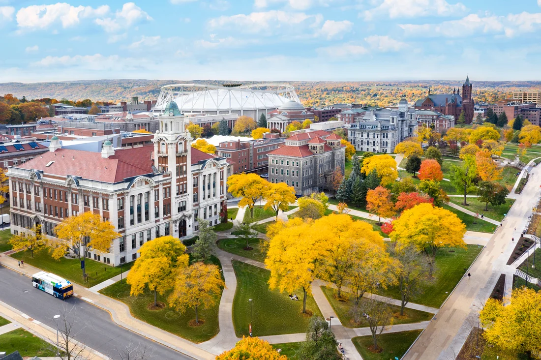Drone view of the Syracuse University main campus.