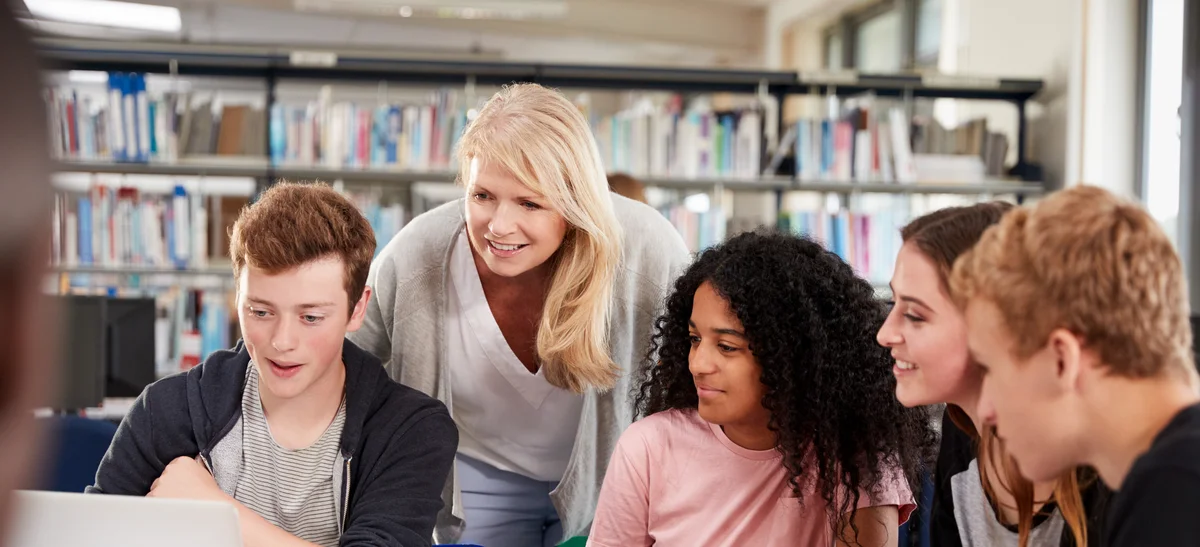 Students working in a library